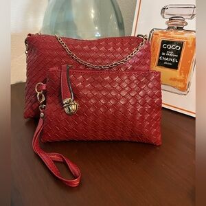 Woven Leather Red Crossbody Bag and Wristlet